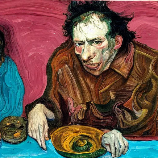Image similar to high quality high detail expressionist painting of a man in agony by lucian freud and jenny saville and francis bacon and francisco goya and vincent van gogh, hd, anxiety, seated at table with friend in a living room crying and screaming, turquoise and purple and orange and pink