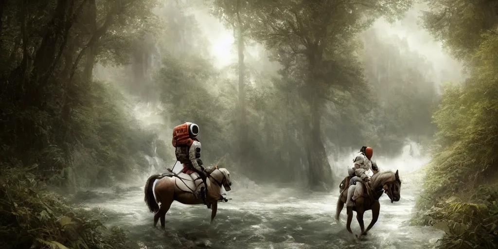 Prompt: an astronaut riding on the back of a white horse through a forest, crossing a river on a bridge, a detailed matte painting by frieke janssens, featured on cgsociety, fantasy art, matte painting, reimagined by industrial light and magic, matte drawing