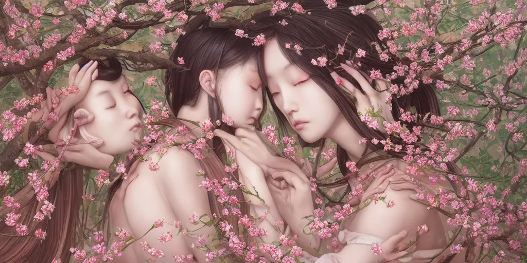 Prompt: breathtaking detailed concept art painting of the kissing goddesses of cherry blossom flowers, orthodox saint, with anxious, piercing eyes, ornate background, amalgamation of leaves and flowers, by Hsiao-Ron Cheng, James jean, Miho Hirano, Hayao Miyazaki, extremely moody lighting, 8K