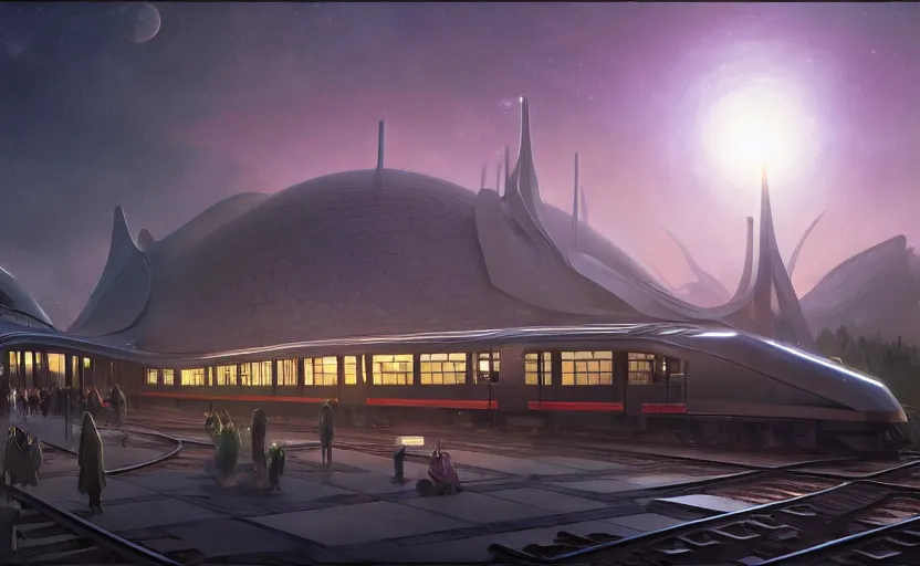 Image similar to exterior shot of utopian train station on the edge of the space with cinematic lighting by zaha hadid and renzo piano, darek zabrocki and greg ruthkowski, alphonse mucha, simon stalenhag, cinematic, holy place, paradise, scifi, futurism, atmospheric, dusk, concept art, artstation, trending on artstation