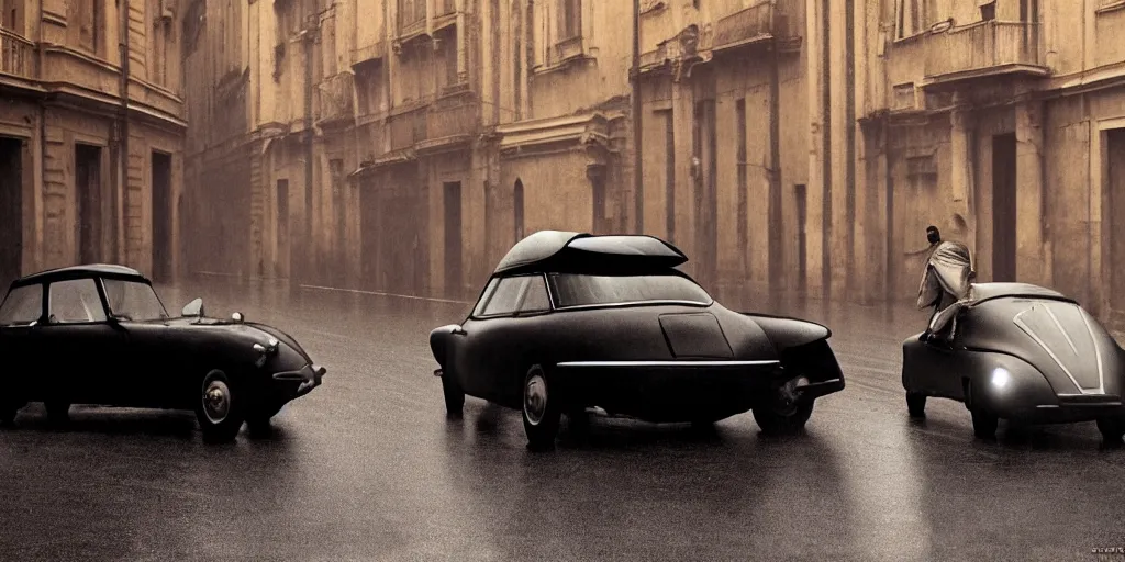 Prompt: A mysterious figure at a black 1955 Citroen DS 19 with the headlights on, parked on the side of the road in the city of Rome while it is raining, by George Tooker, moody, sinister, lighting, hyperrealistic