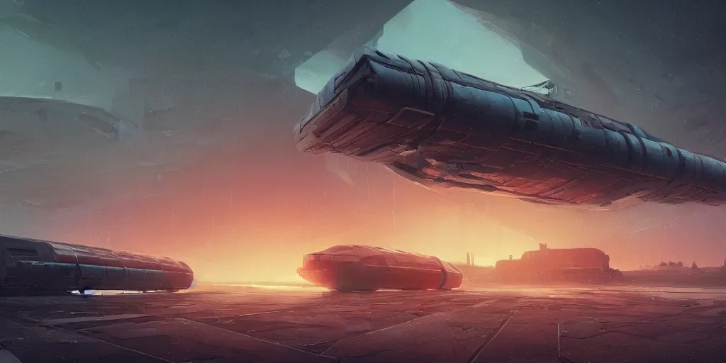 Image similar to scifi soviet cargo spaceship in heavy armor, liminal space around, puddles of water, by simon stalenhag, by ian pesty and alena aenami and makoto shinkai, concept art, matte painting, washed colors,