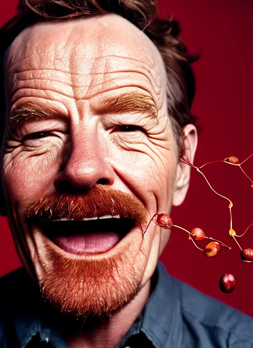 Prompt: bryan cranston bulging cheeks eating cranberries, open mouth filled with cranberries, studio light, bloom, detailed face, magazine, press, photo, steve mccurry, david lazar, canon, nikon, focus