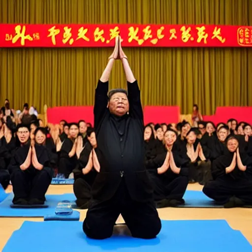 Image similar to Xi Jinping doing yoga on a theatre stage people clapping in front, in the style of Lucian Freud paintings