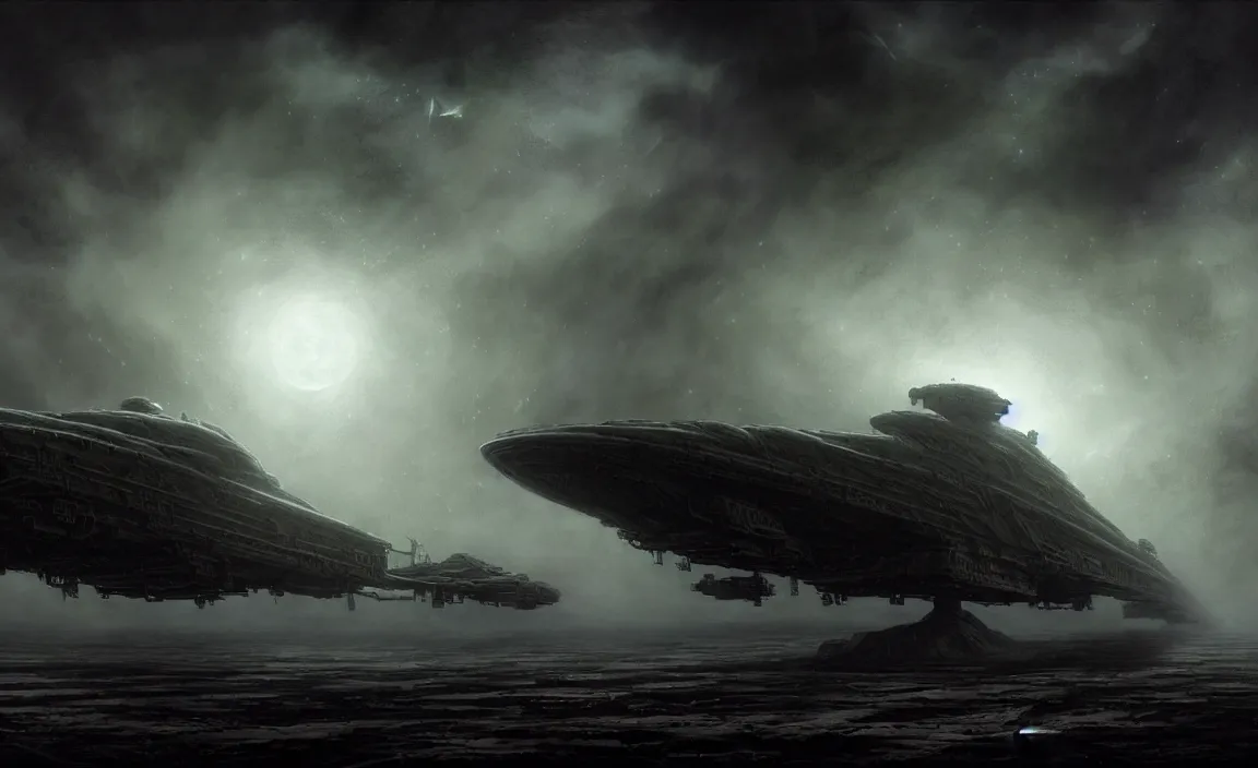 Image similar to epic professional sci - fi digital art of heavy space cruiser landing, eerie atmospheric lighting, painted, detailed, intricate, impressive foreboding, by leesha hannigan, wayne haag, reyna rochin, hamish frater, mark ryden, iris van herpen, hdr, 8 k, epic, stunning, gorgeous, much wow, cinematic, masterpiece