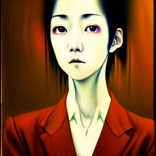 Image similar to yoshitaka amano blurred and dreamy realistic three quarter angle portrait of a young woman with short hair and black eyes wearing office suit with tie, junji ito abstract patterns in the background, satoshi kon anime, noisy film grain effect, highly detailed, renaissance oil painting, weird portrait angle, blurred lost edges