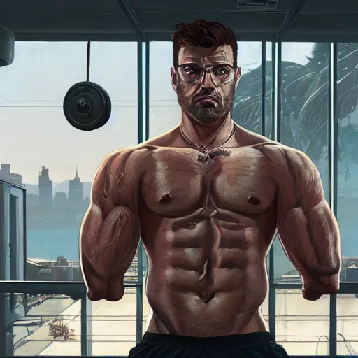 Image similar to highly detailed portrait of a gym bro in gta v, stephen bliss, unreal engine, fantasy art by greg rutkowski, loish, rhads, ferdinand knab, makoto shinkai and lois van baarle, ilya kuvshinov, rossdraws, tom bagshaw, global illumination, radiant light, detailed and intricate environment