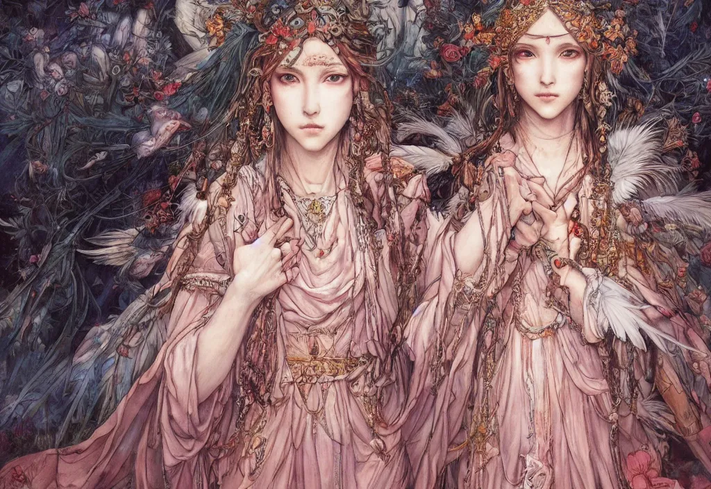 Prompt: breathtaking detailed painting of an angelic mononoke princess, by ayami kojima and brom, gauze rose dress of stained glass floating around, detailed realistyc symmetrical facial features, amalgamation of embers and feathers, 8 k, concept art, matte, sharp focus, rembrandt style