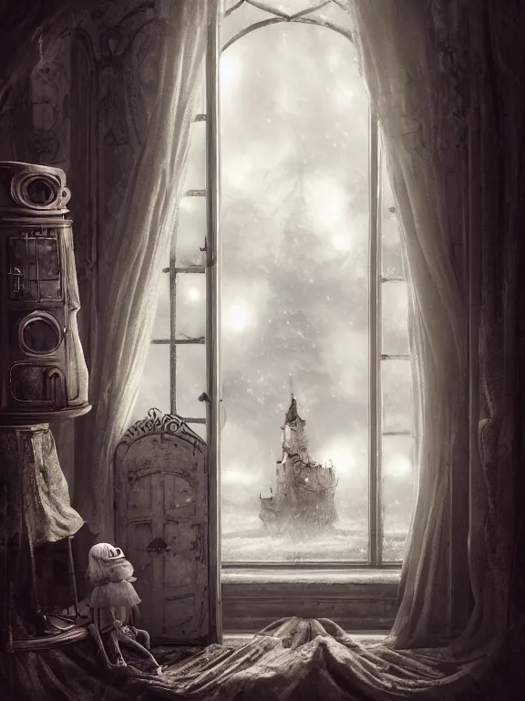 Prompt: inside a beautiful white room with black curtains steampunk, in style of Alexander Jansson and thomas kinkade , 8k resolution, Ultrafine Details,Hyper detailed digital matte painting, concept art, hyperrealism, beautiful