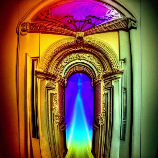Prompt: a portal to a new universe inside of an ornate door frame, wide angle, golden light, rainbows, vortex, digital art, 1 6 : 9,