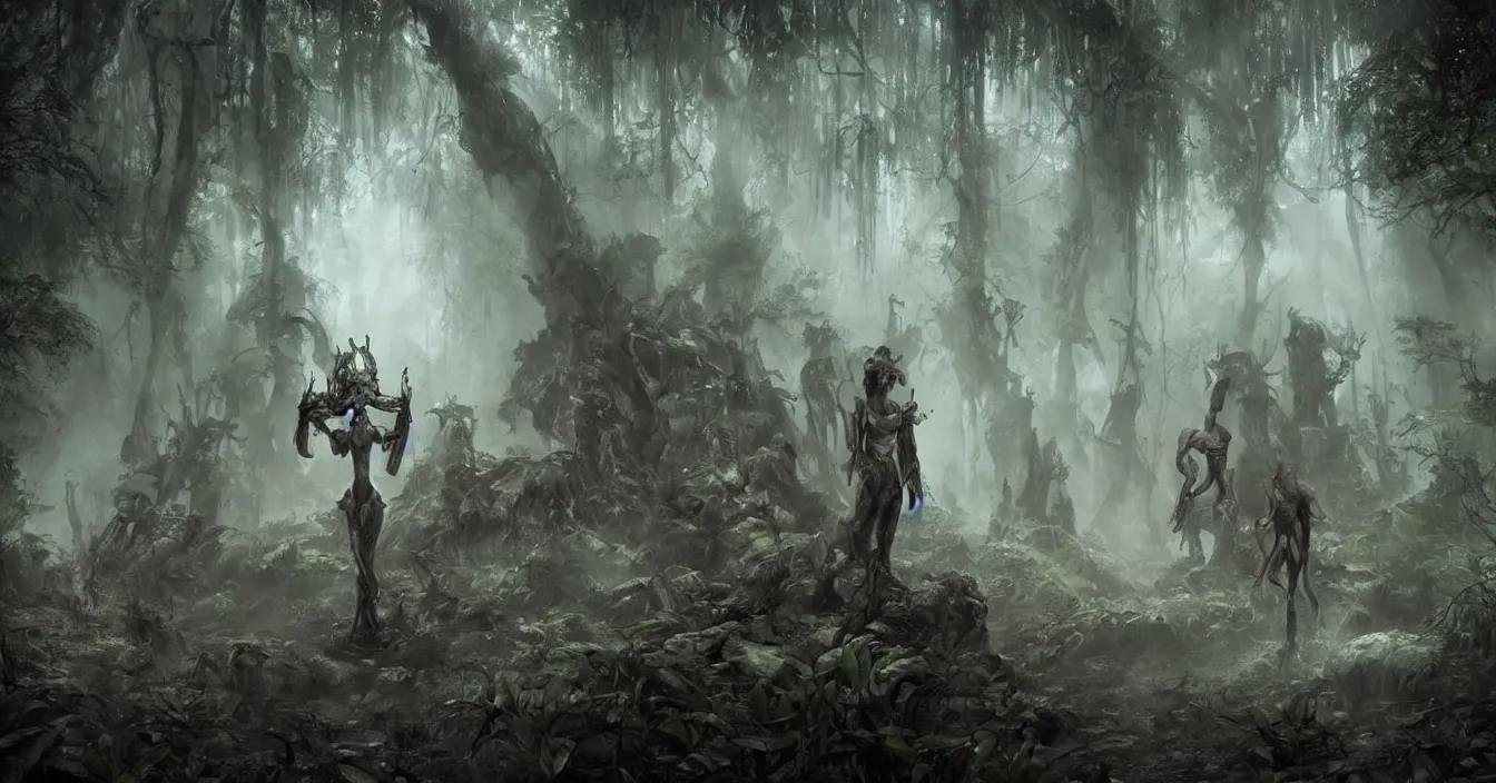 Prompt: archaeologists in deep dark rainy rainforest excavating buried alien weapon, deep sense of horror atmosphere, visual fidelity and plasticity, in style of bastien lecouffe deharme