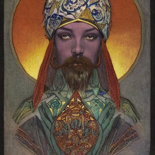 Image similar to the lantern crown, by Annie Swynnerton and Nicholas Roerich and (Edmund Dulac), embroidered brocade, tattoos, elaborate costume, geometric ornament, symbolist, rich colors, dramatic lighting, smooth, sharp focus, extremely detailed