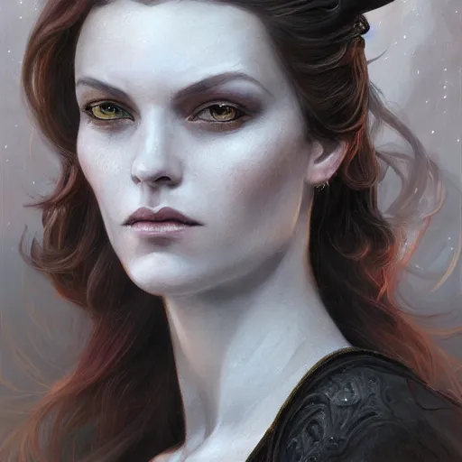 Image similar to a detailed matte head - on portrait painting of an middle - aged half - tiefling noblewoman with golden eyes and short well kept hair, by charlie bowater, lise deharme, wlop, tending on arstation, dungeons and dragon, dnd, pathfinder, fanart, oil on canvas