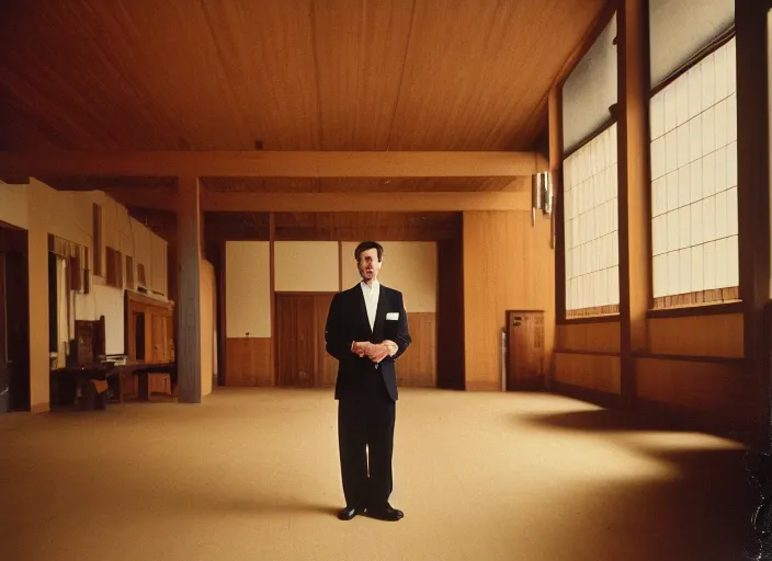 Image similar to realistic photo portrait of the person, brown mustard shirt, formal suit, black tie,, wooden polished and fancy expensive wooden laboratory hall interior 1 9 9 0, life magazine reportage photo