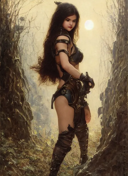 Image similar to a young beautiful mischievous devious selena gomez wearing leather medieval armor, bare legs, detailed, by gaston bussiere, bayard wu, greg rutkowski, giger, maxim verehin, greg rutkowski, masterpiece, sharp focus, cinematic lightning