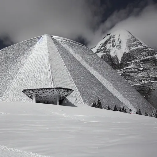 Prompt: a monolithic pyramid in a taiga next to a snowcapped mountain.