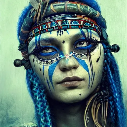 Image similar to A young blindfolded shaman woman with a decorated headband, in the style of heilung, blue hair dreadlocks and wood on her head, tribal piercing and tatoos , atmospheric lighting, intricate detail, cgsociety, ambient light, dynamic lighting, art by karol bak