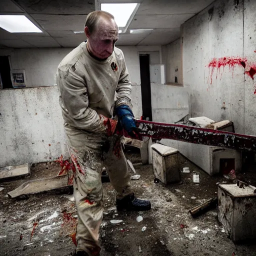 Image similar to putin with a chainsaw and a corpse. in a concrete bunker. focus on putins face with blood splatters. canon eos r 3, f / 1. 4, iso 1 6 0 0, 1 / 8 0 s, 8 k, raw, grainy