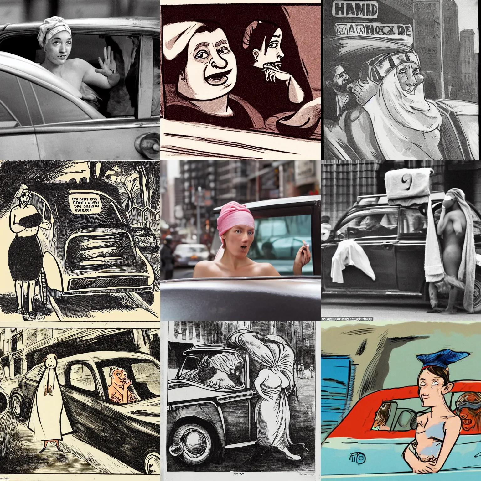 Image similar to an attractive, pig - nosed, bucktoothed woman hails a cab driven by a man with a towel on his head who is unshaven, dirty, and disheveled.