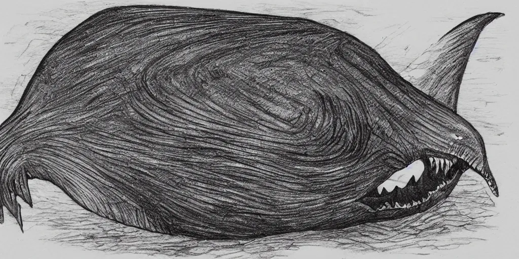 Image similar to pencil etching of a monstrous horrifying whale, its body is rotting