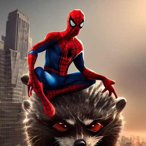 Image similar to spider - man sit on big raccoon, eating donuts, action scene, concept art, trending on artstation, highly detailed, intricate, sharp focus, digital art, 8 k