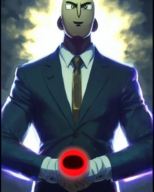 Image similar to gigachad luigi with glowing eyes as one punch man in a suit holding a star, fantasy character portrait, ultra realistic, full body concept art, intricate details, highly detailed by greg rutkowski, ilya kuvshinov, gaston bussiere, craig mullins, simon bisley