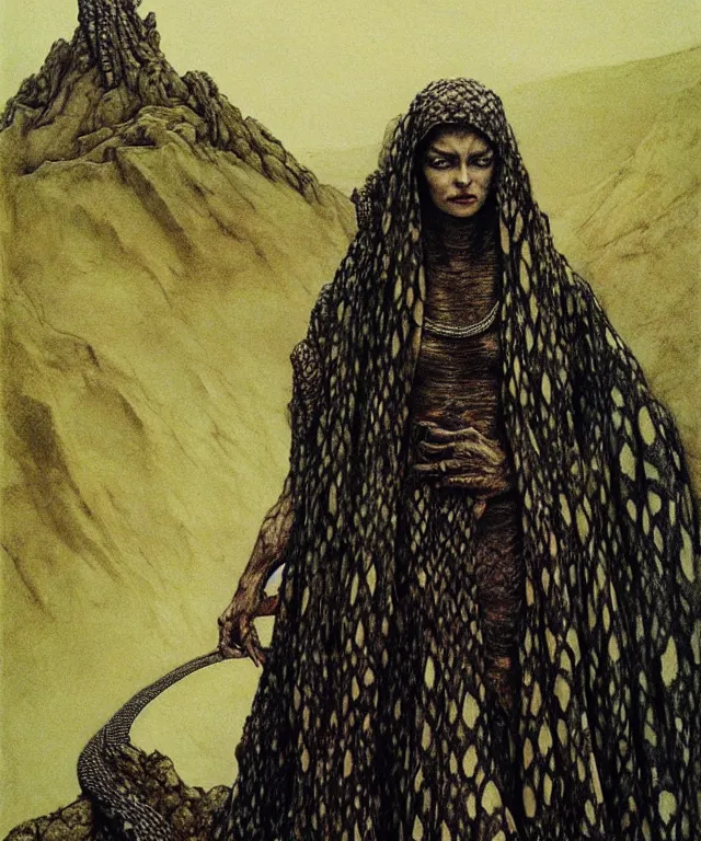 Image similar to A detailed snakewoman stands among the hills. Wearing a ripped mantle, robe. Perfect faces, extremely high details, realistic, fantasy art, solo, masterpiece, art by Zdzisław Beksiński, Arthur Rackham, Dariusz Zawadzki