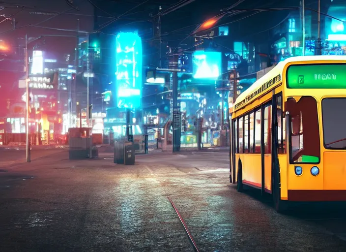 Image similar to trolleybus stands at a stop, headlights shine with neon light, atmospheric, futuristic, cyberpunk, ray tracing global illumination, 8 k resolution, ultra detailed