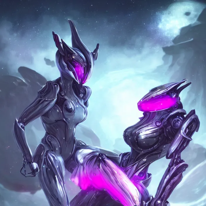 Image similar to cinematic shot, bust, cosmic sized perfectly proportioned stunning hot female warframe, anthropomorphic robot mecha female dragon, dragon head, silver, fuschia leds, floating in empty space, nebula sized, holding a galaxy, epic proportions, epic size, epic scale, furry art, dragon art, giantess art, warframe fanart, furaffinity, deviantart