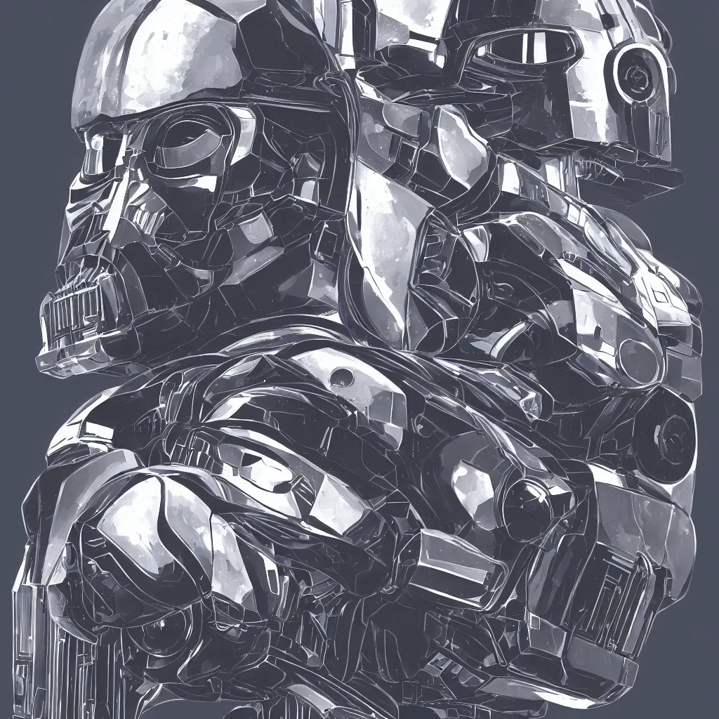 Prompt: a centered symmetrical portrait of a robot, mech, cyberpunk darth vader style, high detail, by Makoto Shinkai and Raphael Lacoste, trending on artstation