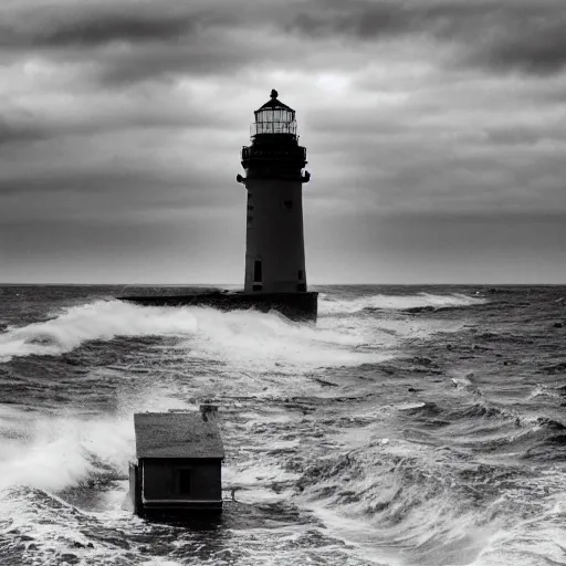 Prompt: willem dafoe as a lighthouse keeper, black and white