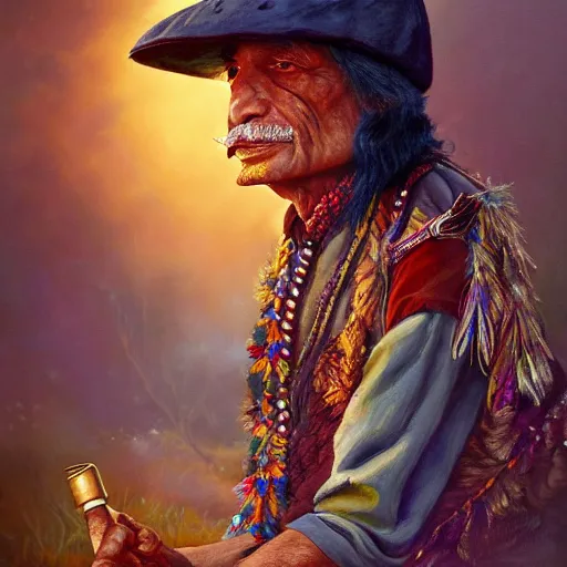 Image similar to n elderly indian don juan is sitting in a field with peyote and smoking a pipe, a raven walks next to him, beautiful fantasy detailed trending on artstation, oil painting, dramatic lighting, eterea, high quality print, fine art with subtle redshift rendering