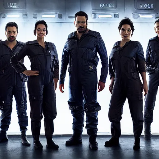 Image similar to The Expanse Rocinante crew portrait, highly detailed, realistic