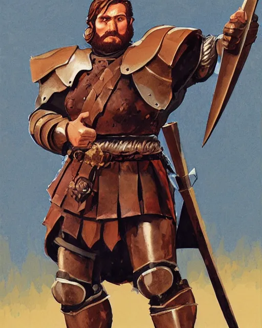 Image similar to hardwon surefoot, hirsute epic level dnd human fighter, wielding the godshammer, a magical war hammer, wearing magical armor. thick quads. full character concept art, realistic, high detail digital gouache painting by angus mcbride and michael whelan.