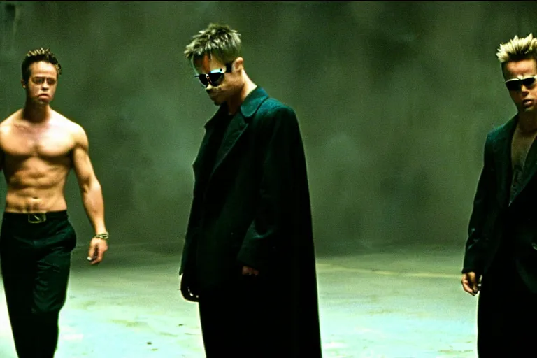 Prompt: color film still, brad pitt versus batman, high quality ; fight club ( 1 9 9 9 )