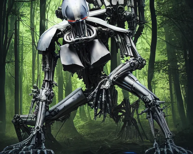 Image similar to photo of starwars general grievous with heavy duty biomechanical hydraulic cybernetic body and 4 arms holding unsheated lightsabers in the forest. cyberpunk horror style. highly detailed 8 k. intricate. nikon d 8 5 0 5 5 mm. award winning photography. art by hr giger