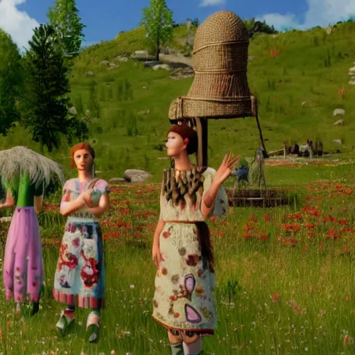 Image similar to a still from the movie midsommar with okami graphics ps 2 visual aesthetic