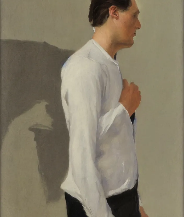 Image similar to a very detailed portrait of a man in a white shirt and a leather jacket over his shoulder, the man is wearing a lot of silver necklaces, in the style of edward hopper and oswald hornby joseph birley, very small brushstrokes, 4 k,