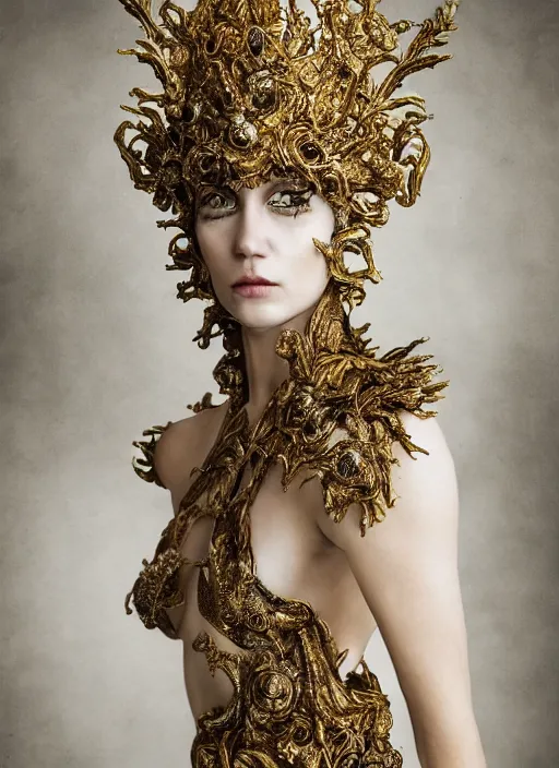 Image similar to a portrait of female by stefan geselle and nekro borja, photorealistic, intricate details, hyper realistic, fantasy, elegant, baroque gold headpiece, photorealistic, canon r 3, photography, wide shot, symmetrical features, wide angle shot, head to toe, standing pose, feet on the ground, wearable art