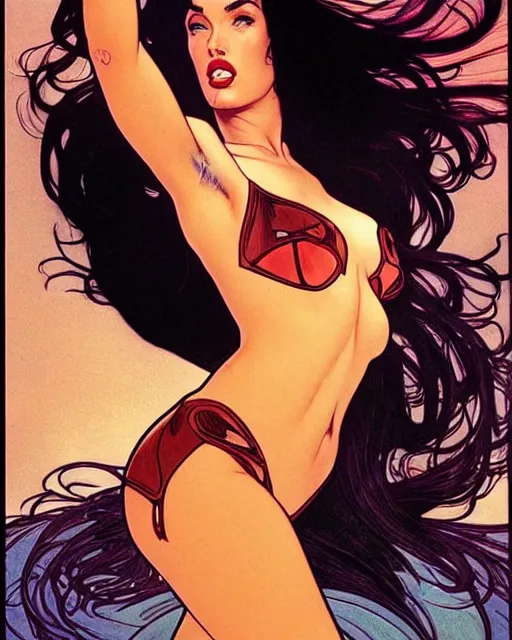 Prompt: low angle very seductive and poweful megan fox fantasy goddess pinup, action glamour pose, windblown dark hair, vibrant, hyper detailed, smooth, ambient lighting, sharp focus, fritz willis, anna dittmann, moebius!!!, alphonse mucha, patrick nagle!!!, 1 9 8 7, rim lighting,