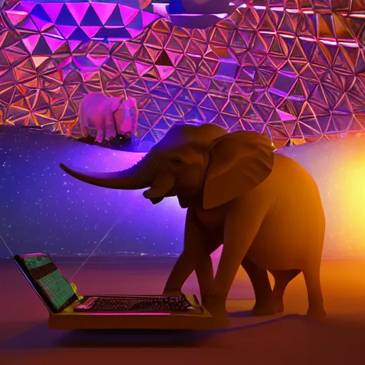 Image similar to a hyperrealistic 3D octane render of an elephant wearing virtual reality goggles playing a synthesizer inside of a geodesic dome planetarium with planets and galaxies, trending on artstation, 8k, 4K, dramatic lighting, glowing, volumetric lighting, ray tracing, unreal engine