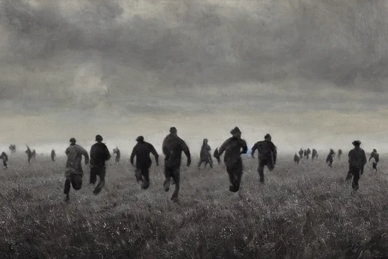 Prompt: a group of men running across a field, a matte painting by anton mauve, featured on cgsociety, remodernism, matte painting, # vfxfriday, matte drawing