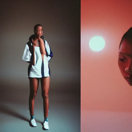 Image similar to realistic! photoshoot for a new nike lookbook, color film photography, portrait of a beautiful woman, red frontal light, in style of tyler mitchell, 35mm