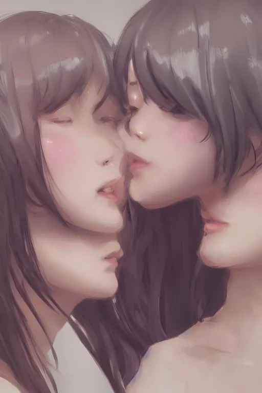 Image similar to portrait of two girls kissing, anime, drawn by WLOP, trending on Artstation