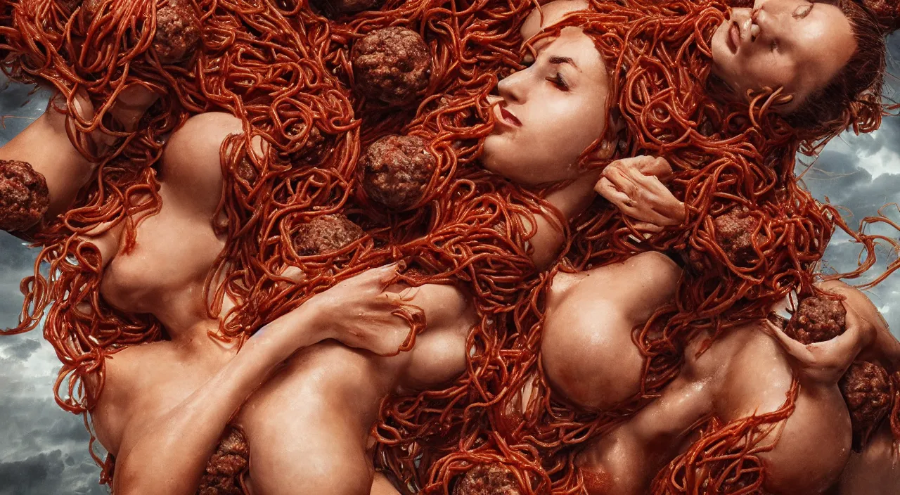 Image similar to 3 0 perfect woman bodies flying inside spaghetti bolognesa with meatballs and hundred rusted perfect woman bodies flying in stormy clouds by, fantasy art, photo realistic, dynamic lighting, artstation, poster, volumetric lighting, very detailed faces, 4 k, award winning, hyper - realism