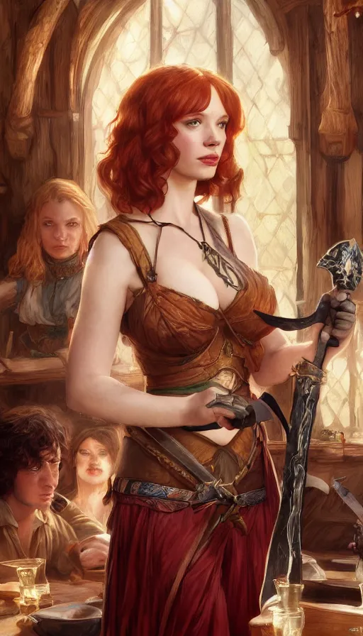 Image similar to young christina hendricks in a tavern, warhammer, lord of the rings, sweaty, strong, sword, intricate, highly detailed, digital painting, artstation, concept art, smooth, sharp focus, illustration, unreal engine 5, 8 k, art by artgerm and greg rutkowski and alphonse mucha