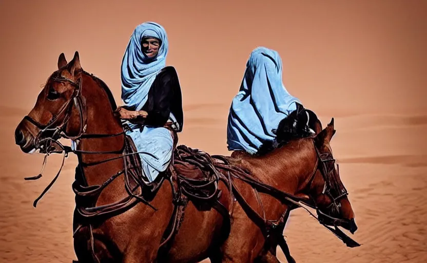 Image similar to beautiful burqa's woman, riding a horse!!! in saharan, sharp eyes, handling riffle on chest, shooting pose, perfect posture, dust, cinematic, dynamic pose, pinterest, center of interest, very perfect object, award winning photo by national geographic