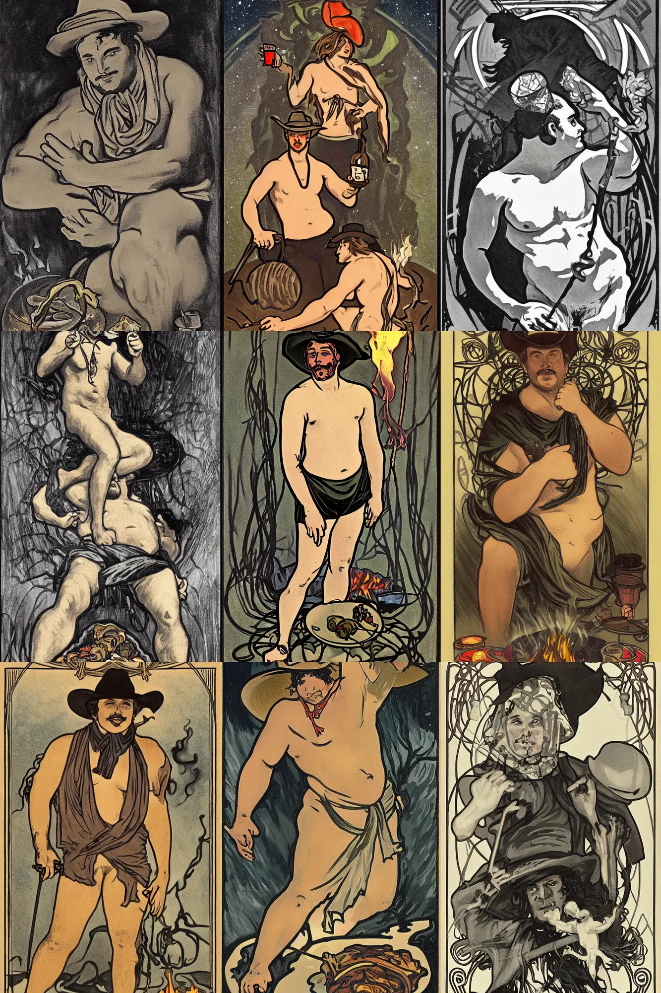 Prompt: a dark ethereal painting: a handsome! chubby shirtless man wearing a cowboy hat and a bandana around his neck sits behind a campfire at night. in front of the campfire is an assortment of food and beverages. the man is smirking mischievously. tarot card, art deco, art nouveau. in the style of Alphonse Mucha. trending on artstation.