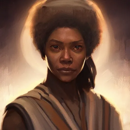 Image similar to portrait of a woman by greg rutkowski, youn jedi knight, black, afro hair, prettt, star wars expanded universe, she is about 2 0 years old, wearing jedi robes, highly detailed portrait, digital painting, artstation, concept art, smooth, sharp foccus ilustration, artstation hq