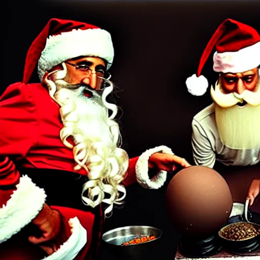 Image similar to uhd candid photo of bin laden and a b dressed as santa claus, making a bomb. correct faces, intricate details, hyperdetailed, accurate faces. photo by annie leibowitz